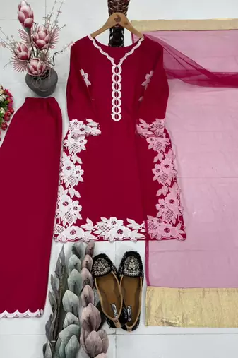 Red silk blend embroidered palazzo set