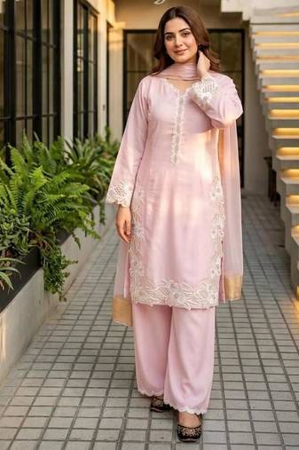 Pink silk blend embroidered palazzo set