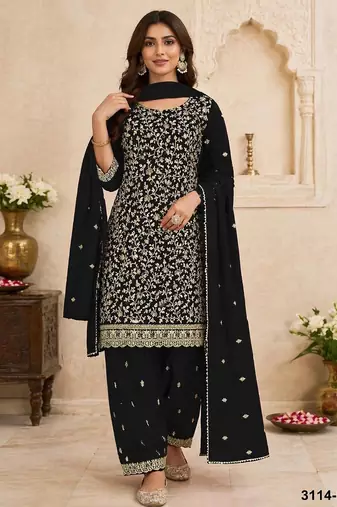 Black faux georgette embroidered farshi salwar set