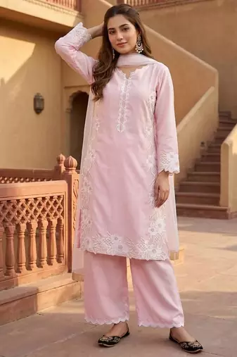 Pink silk blend embroidered palazzo set