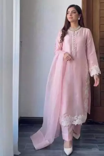 Pink silk blend embroidered palazzo set