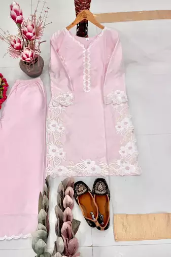 Pink silk blend embroidered palazzo set