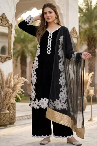 Black silk blend embroidered palazzo set