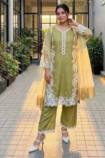 Green silk blend embroidered palazzo set