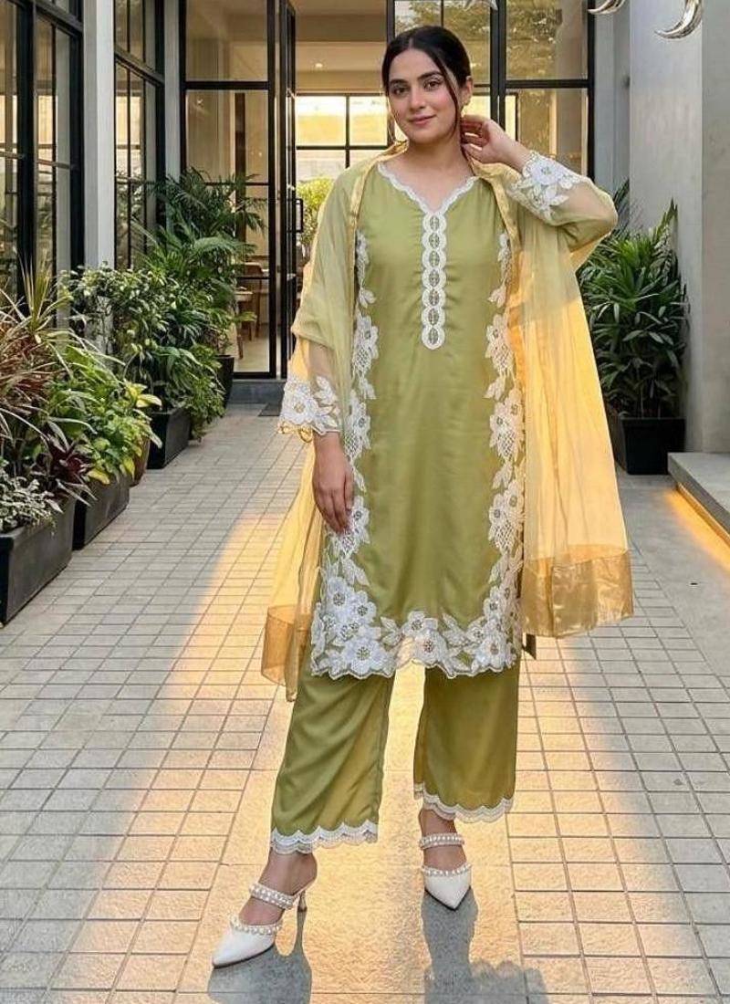 Green silk blend embroidered palazzo set