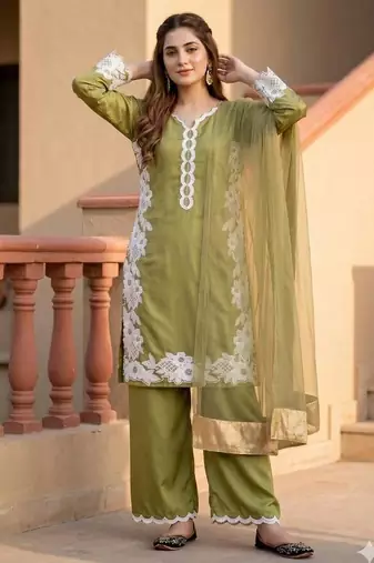Green silk blend embroidered palazzo set