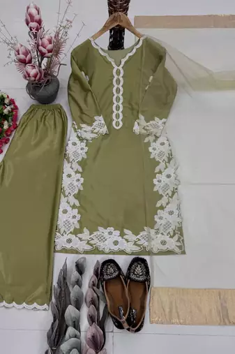 Green silk blend embroidered palazzo set