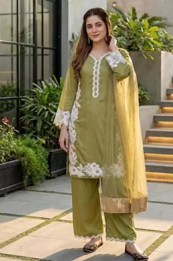 Green silk blend embroidered palazzo set