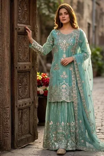 Teal green organza embroidered sharara set