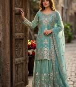 Teal green organza embroidered sharara set