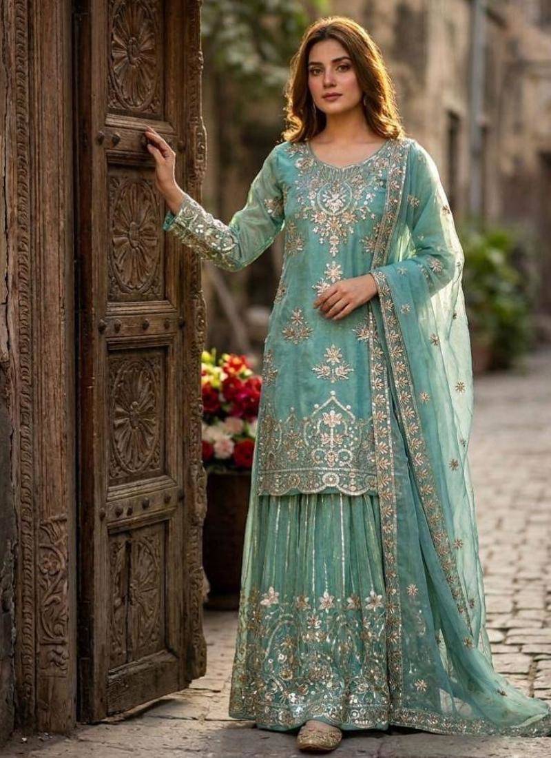 Teal green organza embroidered sharara set