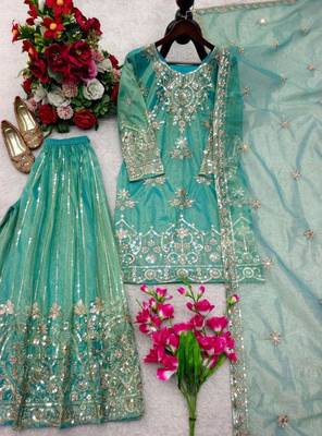 Teal green organza embroidered sharara set 2