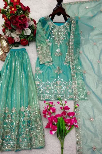 Teal green organza embroidered sharara set