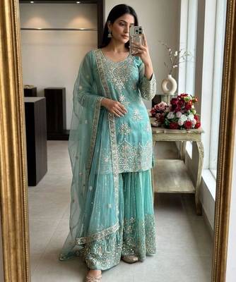 Teal green organza embroidered sharara set 3
