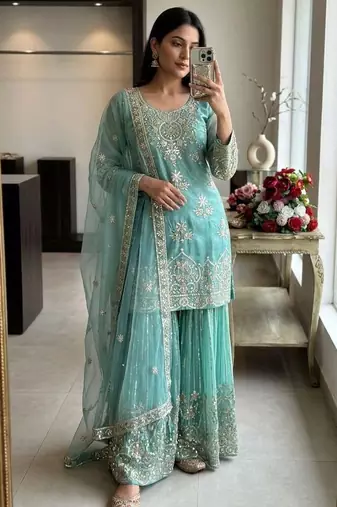 Teal green organza embroidered sharara set
