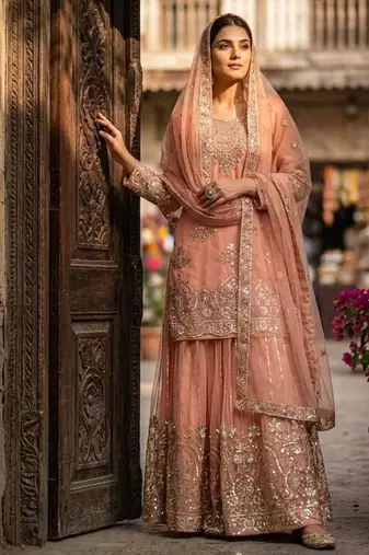 Peach organza embroidered sharara set