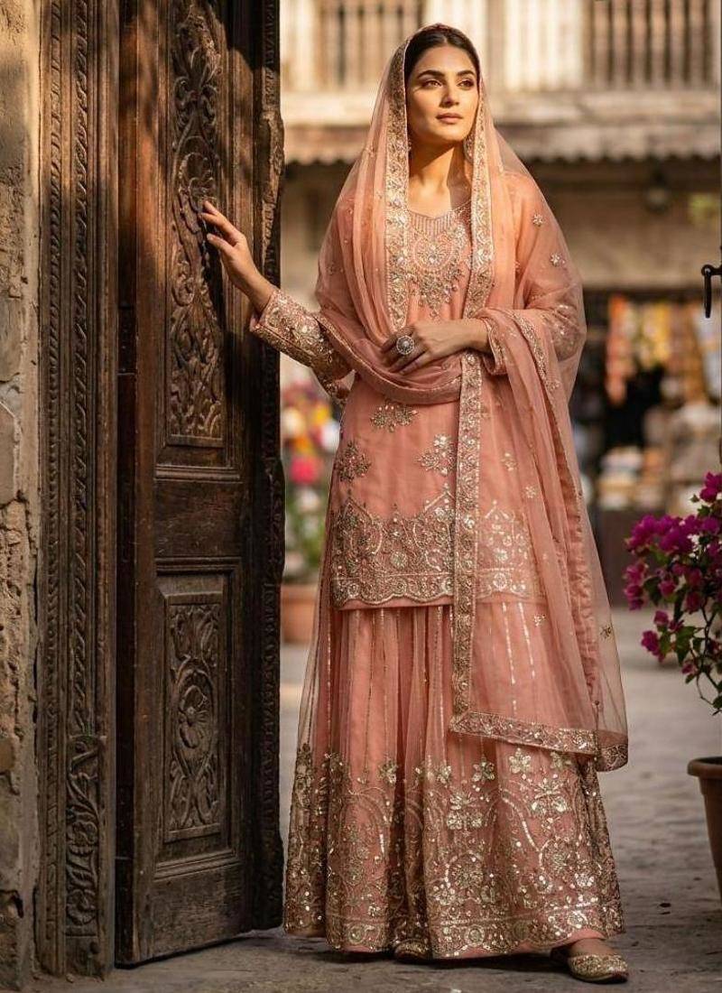 Peach organza embroidered sharara set