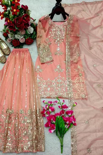 Peach organza embroidered sharara set