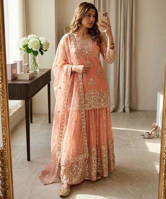 Peach organza embroidered sharara set 3