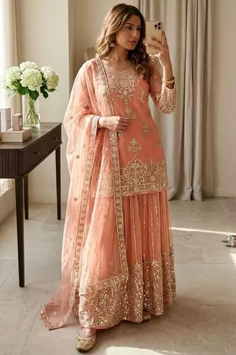 Peach organza embroidered sharara set