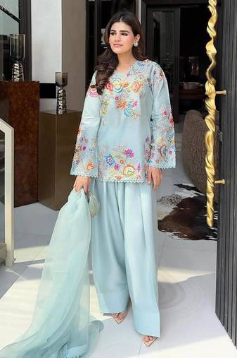 Blue silk blend embroidered salwar kameez