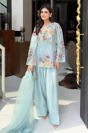 Blue silk blend embroidered salwar kameez