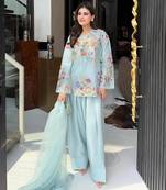 Blue silk blend embroidered salwar kameez