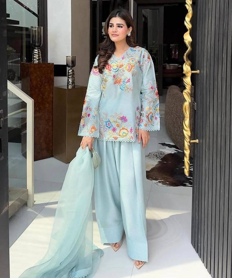 Blue silk blend embroidered salwar kameez