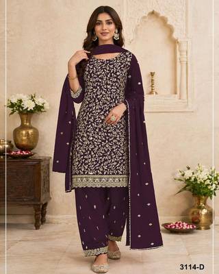 Plum faux georgette embroidered farshi salwar set 1