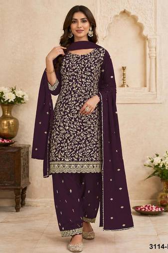 Plum faux georgette embroidered farshi salwar set