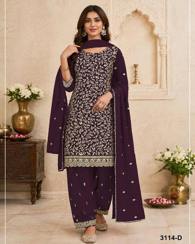 Plum faux georgette embroidered farshi salwar set