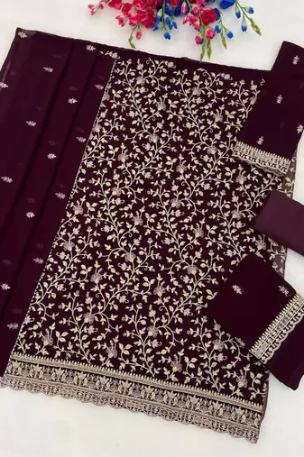 Plum faux georgette embroidered farshi salwar set
