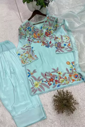 Blue silk blend embroidered salwar kameez