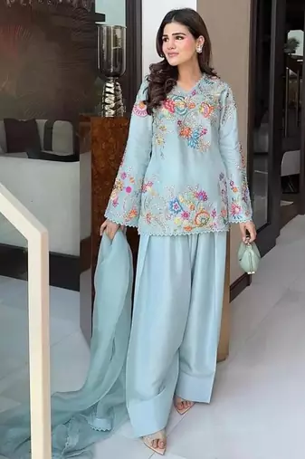 Blue silk blend embroidered salwar kameez
