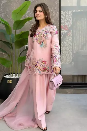 Pink silk blend embroidered salwar kameez