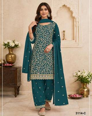 Teal faux georgette embroidered farshi salwar set 1