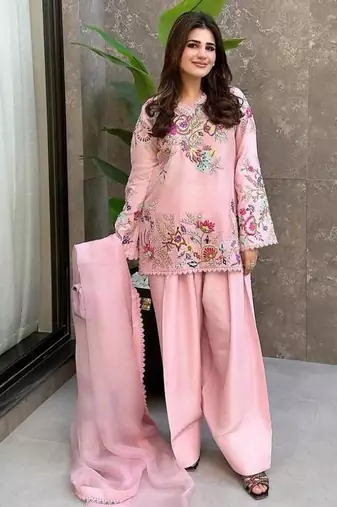 Pink silk blend embroidered salwar kameez