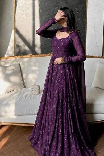 Purple georgette embroidered flared gown set
