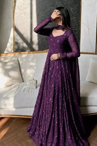 Purple georgette embroidered flared gown set