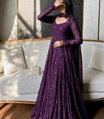 Purple georgette embroidered flared gown set