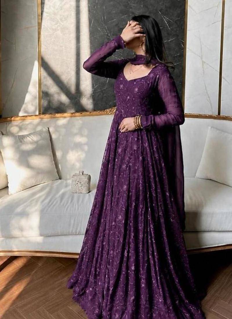 Purple georgette embroidered flared gown set