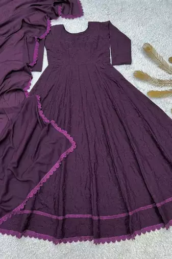 Purple georgette embroidered flared gown set