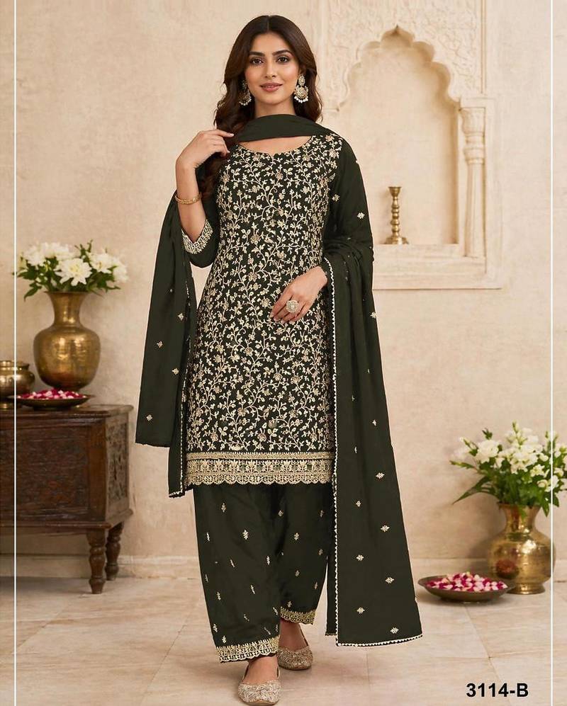 Dark green faux georgette embroidered farshi salwar set