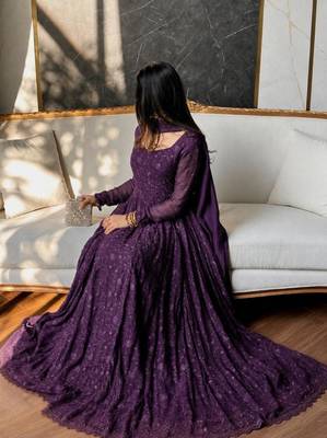 Purple georgette embroidered flared gown set 3