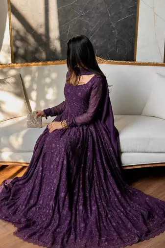 Purple georgette embroidered flared gown set