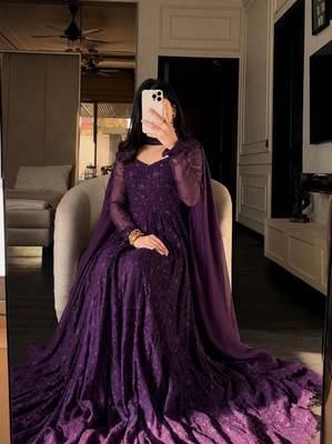 Purple georgette embroidered flared gown set 4