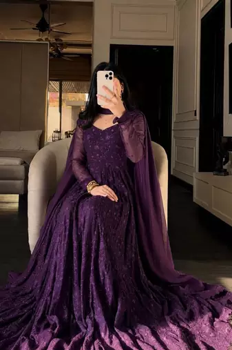 Purple georgette embroidered flared gown set