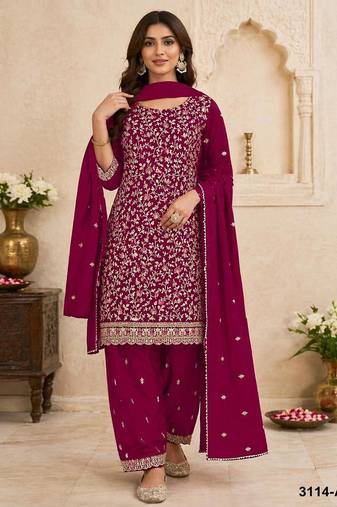 Red faux georgette embroidered farshi salwar set
