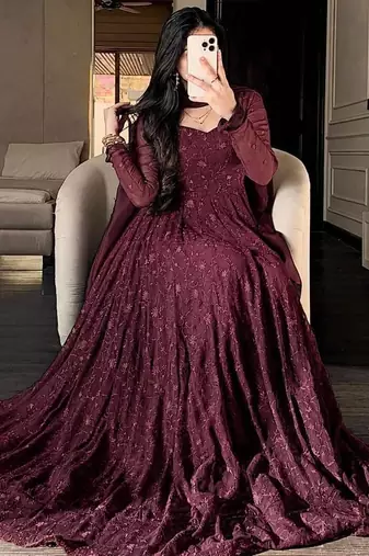 Maroon georgette embroidered flared gown set
