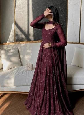 Maroon georgette embroidered flared gown set 1